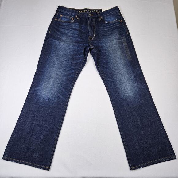 American Eagle Bootcut Jeans Mens 33x30 Dark Wash Blue Classic Whiskering Faded - Picture 3 of 14